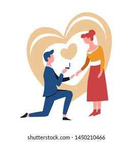 Romantic proposal or engagement couple man and woman vector guy with ring on one knee and girl holding hand love and relationship marriage and family Valentines day hearts bride and groom family.