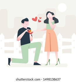 Romantic proposal or engagement couple man and woman to marry. Young guy with ring on knees proposing young beautiful girl for marriage. flat design. 