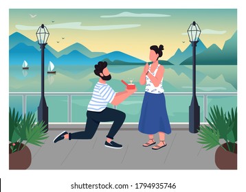 Ilustración vectorial de color plano de propuesta romántica. Hombre en una rodilla con anillo de diamante. Una mujer emocionada por el compromiso. Novio y novia personajes de dibujos animados en 2D con la puesta del sol en el fondo