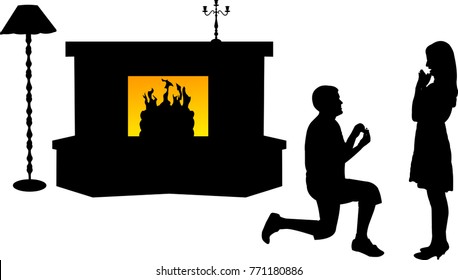 Romantic proposal in a living room of a man proposing to a woman while standing on one knee silhouettes, one in the series of similar images