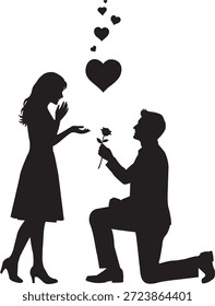 Silueta de propuesta romántica con corazones flotantes