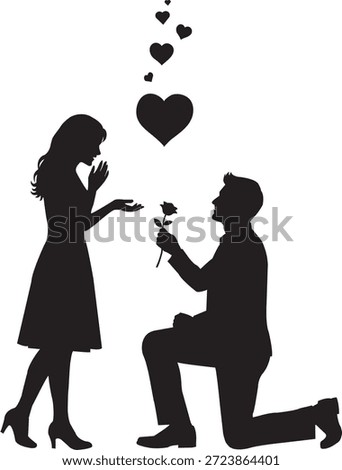 Romantic proposal silhouette with floating hearts