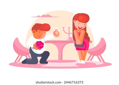 Romantic Proposal, vector illustration. Man kneels offering flowers, intimate candlelit setting.