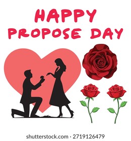 Uma ilustração romântica do Dia da Proposição apresentando uma silhueta de um homem propondo em um joelho ao seu parceiro, situado contra um fundo de coração mole. Lindas rosas vermelhas e elementos florais aprimoram o tema do amor, tornando este design perfeito para comemorações do Dia da Proposição, saudações da Semana dos Namorados, cartazes românticos, cartões de felicitações, postagens em mídias sociais, convites e mercadorias com tema de amor.