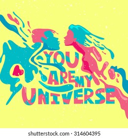 Romantic psychedelic poster. Typography. Love. Man and woman