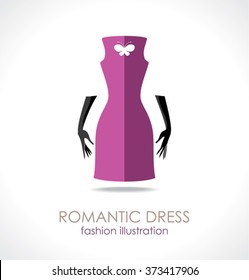Romantic purple dress with butterfly. Fashion illustration. 