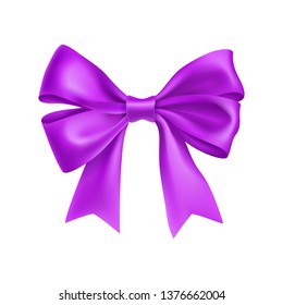Romantic purple ribbon bow isolated on white background. Realistic decoration for holidays events. Glossy decor object from satin vector illustration. Christmas or birthday decoration element.