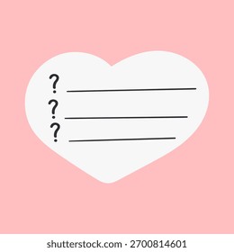 Romantic Quiz Form. Minimal vector illustration of heart silhouette with fill-out lines on pink background. Simple love questionnaire design.
