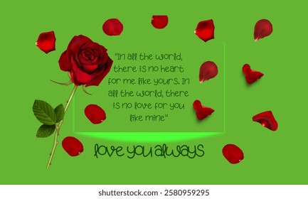 A romantic quote displayed with a vibrant red rose and scattered petals on a lush green backdrop, evoking love, passion, and affection.