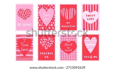 Romantic Quote Posters Set. Trendy Playful Minimal 2:3 ratio artwork collection. Hand drawn Heart shape texture and Inspirational Love Phrase. Vector illustration
