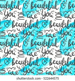 Romantic quote seamless pattern. Love text print for valentine day. Hand lettering typography design. Watercolor background isolated on white. Vector illustration.