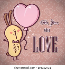 Romantic Rabbit card. Beautiful vector romantic card with adorable friendly rabbit