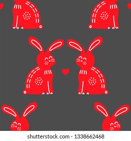 Romantic rabbits in love vector seamless pattern. Valentines Day bunnies Scandinavian style flat illustration. Easter celebration symbol, cute hares with heart wrapping paper, textile, background