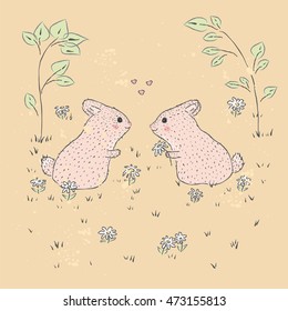 Romantic. Rabbits on a glade. Cute hand drawn illustration of baby card. suitable for printing on a t-shirt or sweatshirt, shirt design, print rabbit, sketch, Children's fashion shirt. Cute rabbit 