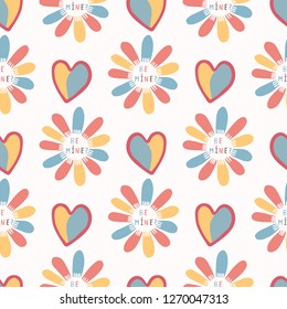 Romantic rainbow I love you daisy flower. Hand drawn seamless vector pattern illustration. Gender equality St Valentine Day, gay couple lovers day. Cute kawaii creative lettering in flat color.