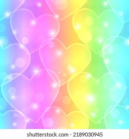 Romantic Rainbow Seamless Pattern  Glossy Luminous Hearts  Sparkling Magic Texture  Unicorn Pastel Background  Vector Illustration 