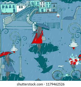 Romantic Rainy Day in Ireland Vintage Blue Pattern Vector