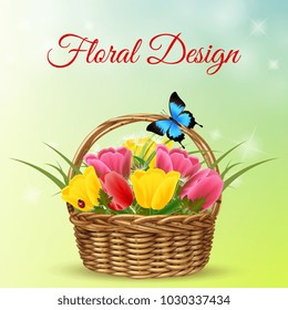 Romantic realistic background to 8 march holiday with basket full of tulips vector illustration