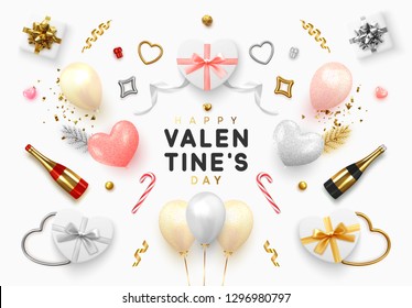 Objetos románticos realistas para el diseño. Elementos de regalo, caja sorpresa y globos dan forma al corazón, botella de champán, dulce dulce dulce. ilustración decorativa romántica vectorial. vista plana superior, 
