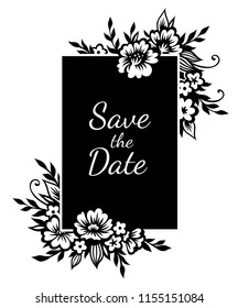 Romantic rectangular frame with stylized  black flowers and twigs. Template for wedding design, decoration and scrapbooking. Monochrome black illustration isolated on white
