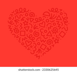 Romantic red abstract line doodle heart shape. Creative minimalist style art symbol set for children or party celebration with modern shapes. Simple upbeat drawing scribble decoration.