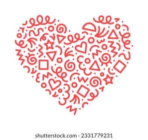 Romantic red abstract line doodle heart shape. Creative minimalist style art symbol set for children or party celebration with modern shapes. Simple upbeat drawing scribble decoration.