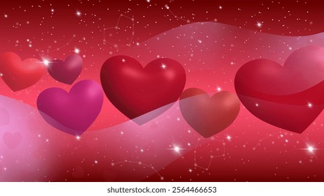 Romantic red background featuring vibrant 3D hearts, shimmering stars, and soft gradients, evoking passion and love. Ideal for Valentine’s Day, romantic designs, and celebrations.