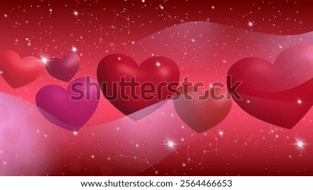 Romantic red background featuring vibrant 3D hearts, shimmering stars, and soft gradients, evoking passion and love. Ideal for Valentine’s Day, romantic designs, and celebrations.