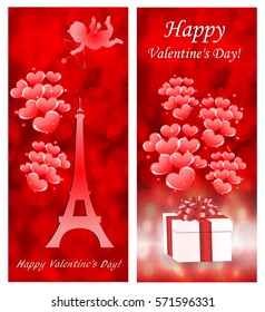 Romantic red background with gift and heart and the Eiffel Tower