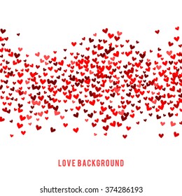 Romantic red background. Vector illustration for holiday design. Many flying hearts on white background. For wedding card, valentine day greetings, lovely frame.