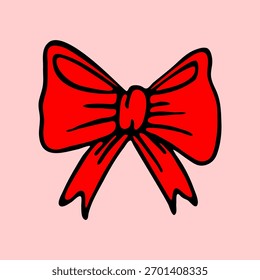 Romantic red bow ribbon. Hand drawn flat vector. Cute accessory knot. Valentines Day love holiday. Doodle illustration.