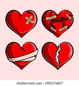 Romantic red broken hearts set, broken stuck shattered, cut out torn and roping hearts