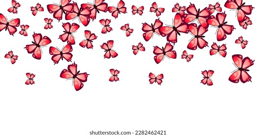 Romantic red butterflies cartoon vector wallpaper. Spring ornate insects. Fancy butterflies cartoon fantasy background. Sensitive wings moths patten. Nature beings.