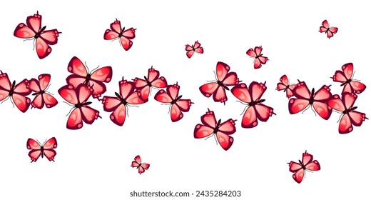 Romantic red butterflies cartoon vector background. Spring ornate moths. Detailed butterflies cartoon fantasy wallpaper. Gentle wings insects patten. Tropical beings.
