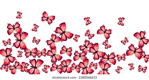 Romantic red butterflies flying vector wallpaper. Summer beautiful moths. Decorative butterflies flying baby illustration. Tender wings insects patten. Fragile creatures.
