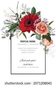 Romantic red creamy orange flowers roses and gerbera flower and herbs bouquet bride wedding invitation template design. Light vintage background.