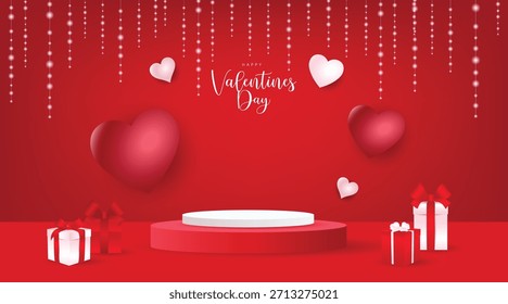 Fondo rojo romántico del día de San Valentín con corazones 3D, luces colgantes brillantes, cajas de regalo y un podio redondo para la exhibición del producto.