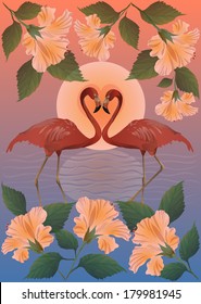 Romantic red flamingo and the moon. Landscape with flowers hibiscus and aqua. Colorful vector illustration.
