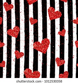 Romantic red glitter hearts seamless pattern. Red heart confetti on black stripe. Vector background for Valentines day, wedding.