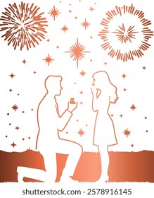  Romantic red gradient silhouette depicting a marriage proposal under a starry night sky with fireworks. The image shows a man down on one knee, holding a ring box and proposing to a woman.