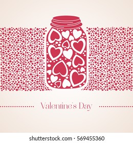 Romantic red gummi candy in the form of heart in a glass jar. Vector illustration to Valentine's Day, wedding day.