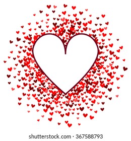 Romantic red heart background. Vector illustration for holiday design. Many flying hearts on white background. For wedding card, valentine's day greetings, lovely frame.