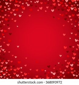 Romantic red heart background. Vector illustration for holiday design. Many flying hearts on red background. For wedding card, valentine's day greetings, lovely frame.