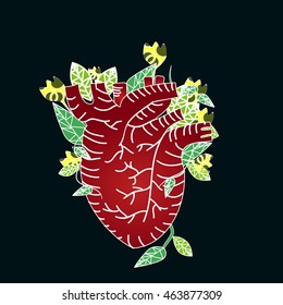 Romantic red heart with flowers background.vector illustration