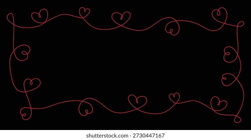 Romantic red heart frame with hand-drawn curly line border on black background. Decorative love-themed outline perfect for messages, quotes, and invitations. Ideal for Valentine cards, wedding designs, posters, and social media graphics.