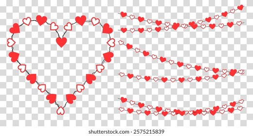 Romantic Red Heart Garlands: Vector Seamless Pattern with Hanging Heart Borders for Valentine’s Day, Weddings, and Anniversaries. Perfect for Invitations, Banners, Cards, Posters, and Scrapbooking