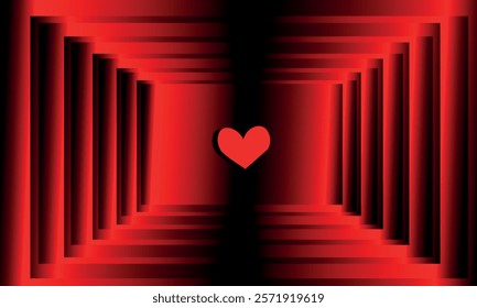 Romantic Red Heart Glowing in a Dramatic Abstract Light Tunnel with Shadows and Gradient Red Lighting Effects