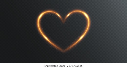 Romantic red heart with glowing flashes and gold wire light effect on a transparent background. High-quality vector illustration perfect for holiday cards, Valentine's Day banners and invitations