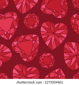 Romantic Red Heart and Round Shaped Diamond Seamless Pattern on Red