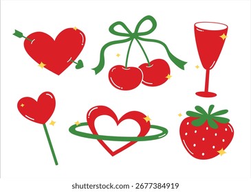 Romantic Red Icon Set – Heart, Cherry, Strawberry, Wine Glass